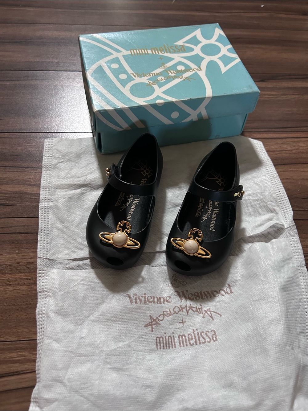 Mini Melissa Black Girls' Mary Jane Shoes with Gold Orb Accent